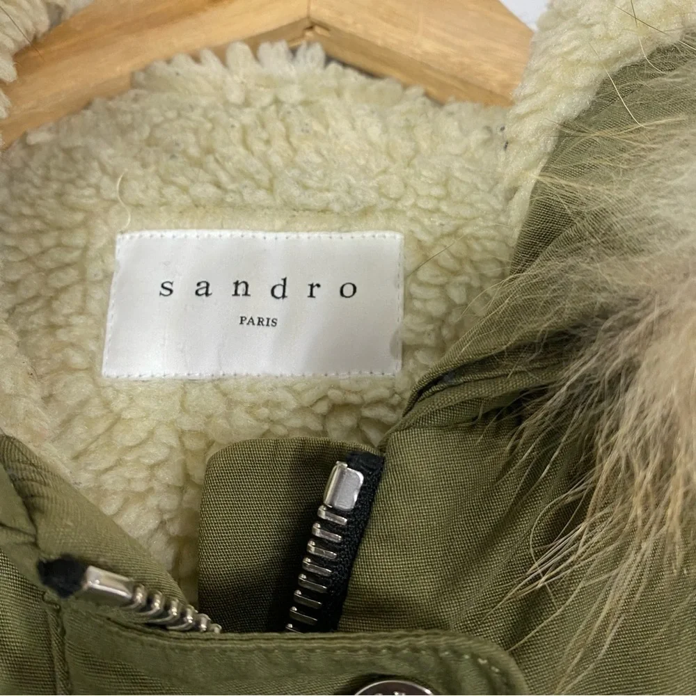 SANDRO Parka Fur Hood Khaki Coat Olive Green